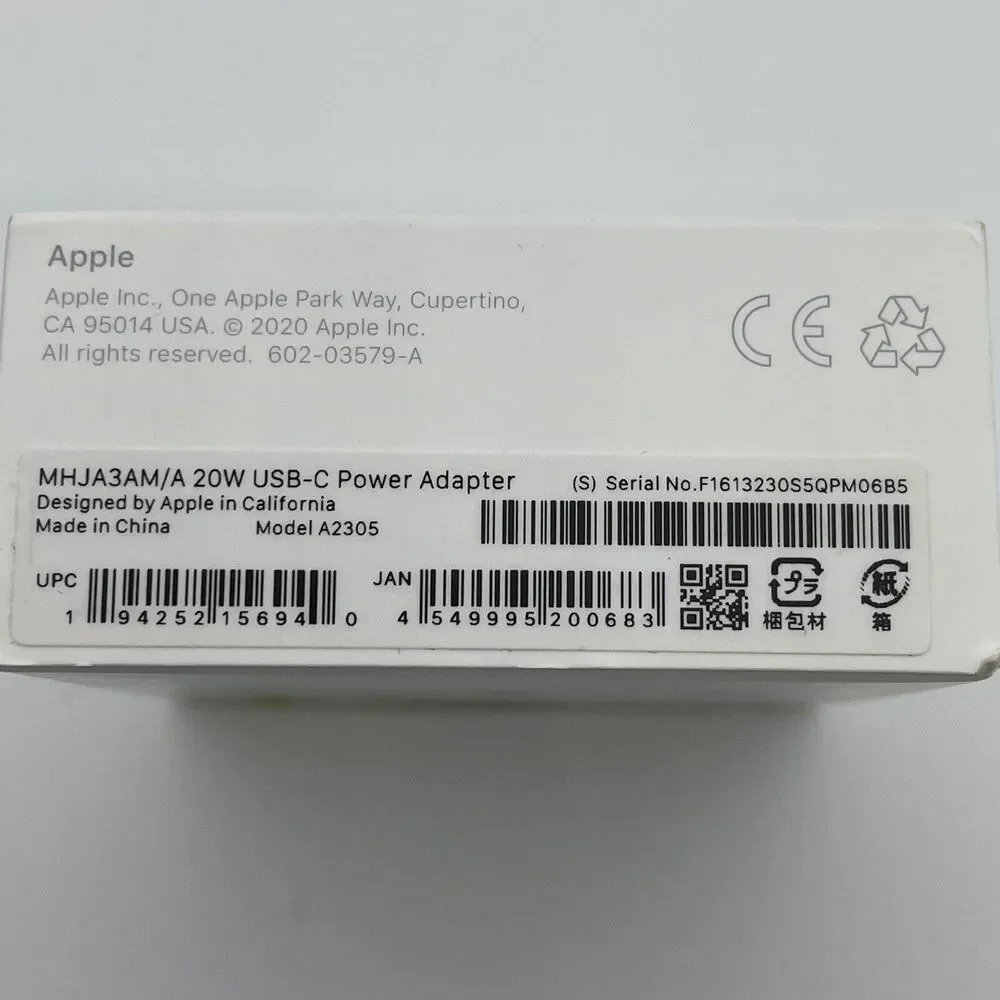 Genuine Apple A2305 MHJA3AM/A 20W USB-C Power Adapter White New in Retail Box